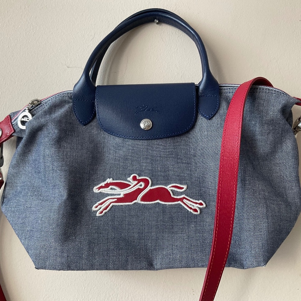 SOLD! Longchamp Navy Denim Horse Jockey Purse